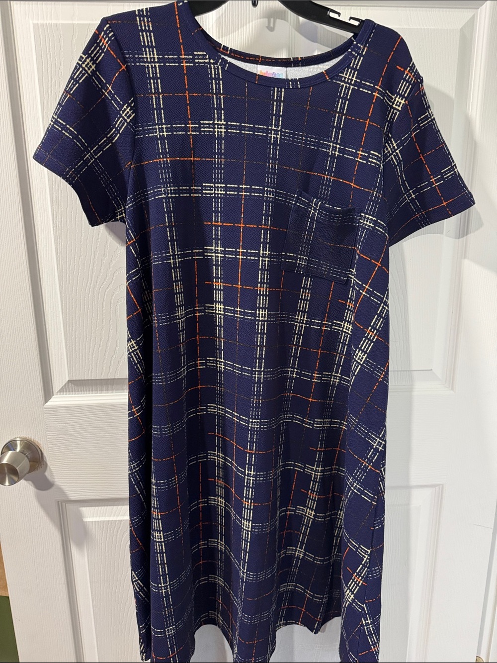 LuLaRoe Navy Plaid Midi Dress with White and Orange Accents
